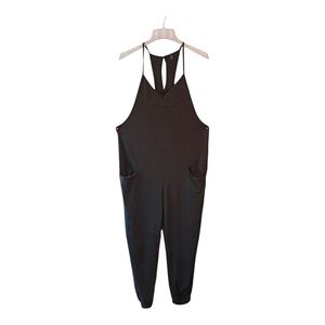 Black Sleeveless Jumpsuit (Size L) With Front Pockets - Stretch Polyester